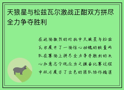 天狼星与松兹瓦尔激战正酣双方拼尽全力争夺胜利